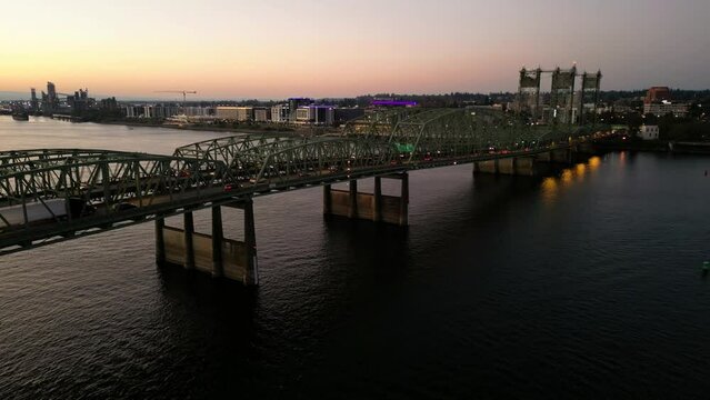 Drone footage of Oregon - Washington Interstate Bridge In Portland and Vancouver over the Columbia River water way