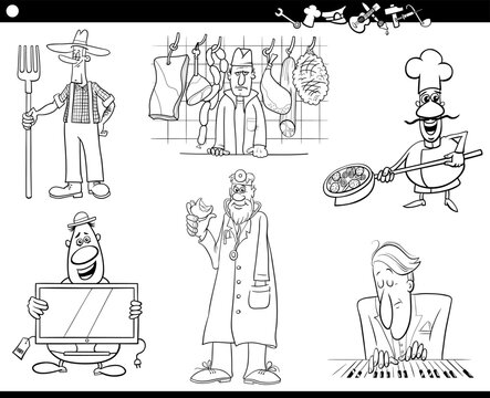 cartoon people occupations set coloring page