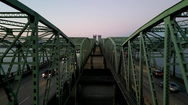 Drone footage of Oregon - Washington Interstate Bridge In Portland and Vancouver over the Columbia River water way