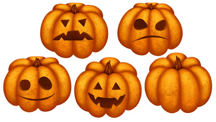 Set of scary pumpkins on transparent background. Orange pumpkins with smiles for your Happy Halloween holiday PNG design