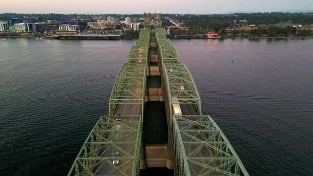 Drone footage of Oregon - Washington Interstate Bridge In Portland and Vancouver over the Columbia River water way