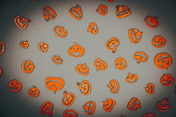 Halloween carved in wood Pumpkins pattern on colored background.
