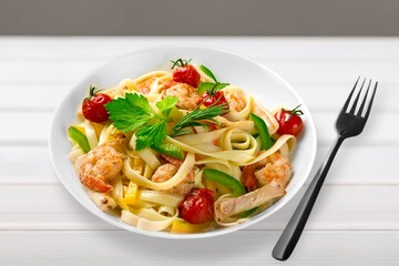 Italian Traditional Dish Pasta a on plate with wooden table background.