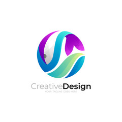 Abstract fish logo with 3d colorful design, marine life icon vector