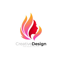 Girl logo and fire design combination, red color