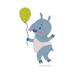 Cute Grey Tapir Animal with Proboscis Walking with Green Toy Balloon Vector Illustration