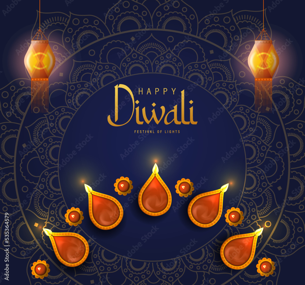 Poster happy diwali poster with diya lamp and peacock vector illustration. indian festival of lights design