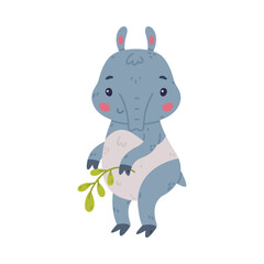 Cute Grey Tapir Animal with Proboscis Standing with Green Twig Vector Illustration