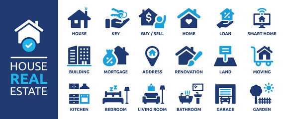 House or Real estate icon set. Containing house, key, buy, sell, loan, smart home, building, mortgage, address, renovation, land, kitchen, bedroom, living room, bathroom. Solid icon vector collection. - obrazy, fototapety, plakaty