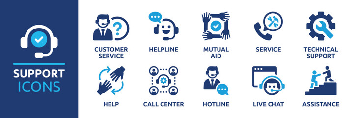 Customer service and support icon set. Containing helpline, mutual aid, service, technical support, help, call center, hotline, live chat and assistance. Collection of vector symbol illustration. - obrazy, fototapety, plakaty