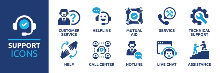 Deurstickers Customer service and support icon set. Containing helpline, mutual aid, service, technical support, help, call center, hotline, live chat and assistance. Collection of vector symbol illustration. © Icons-Studio