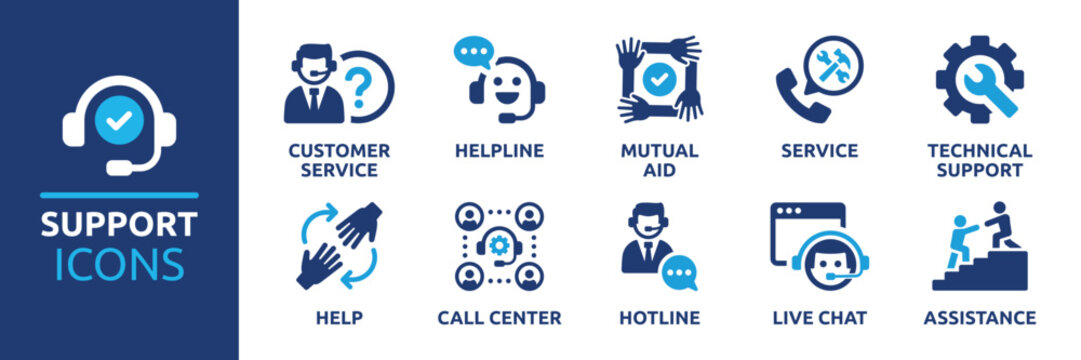 Customer service and support icon set. Containing helpline, mutual aid, service, technical support, help, call center, hotline, live chat and assistance. Collection of vector symbol illustration.