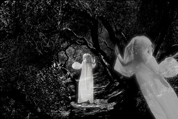 Halloween Ghoul on a black background in a white gown