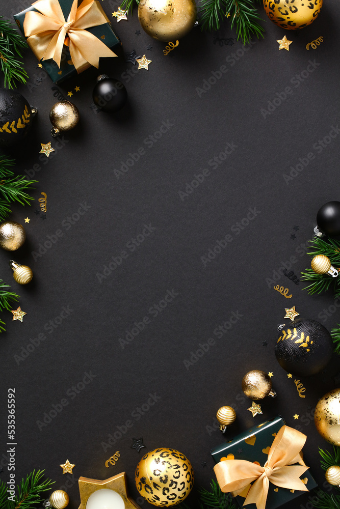Wall mural luxury christmas poster party invitation card design. flat lay elegant xmas decorations, golden ball - Wall murals