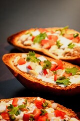 Mexican Molletes, traditional food with bread, beans, cheese, tomato and chili