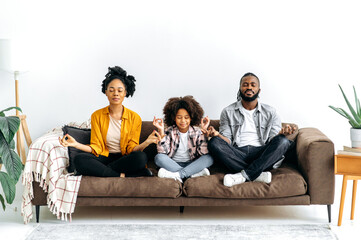 Happy young african american family, mom and dad with their preschool cute girl, spending leisure...