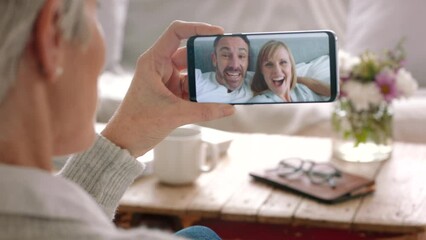 Couple, ring and engagement video call announcement with happy man and woman sharing good news with senior mother. Love, romance and message of exciting event during lockdown, talking and celebrating