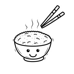 Bowl of rice with facial expression in doodle drawing style isolated on white background