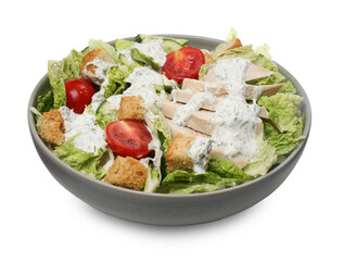 Bowl of delicious salad with Chinese cabbage, cucumber, meat and tomatoes isolated on white