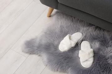 Faux fur rug with slippers on floor in room, space for text