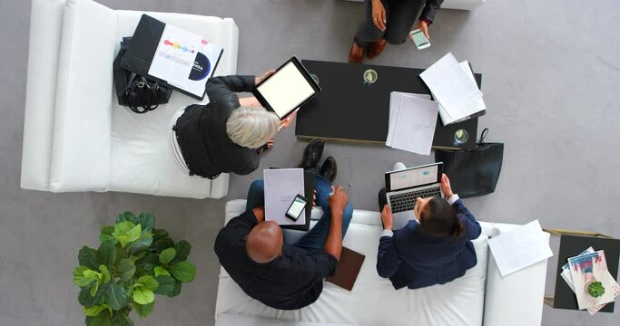 Multimedia, collaboration business meeting people with blank screen tablet for marketing, advertising or software illustration app. Corporate B2B teamwork, laptop technology for web online planning