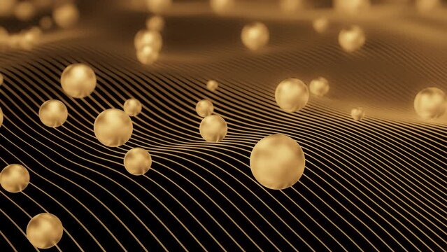 3D render of shiny gold spheres sliding on waving lines with depth of field. Looped abstract minimal trandy background. Yellow gradient.
