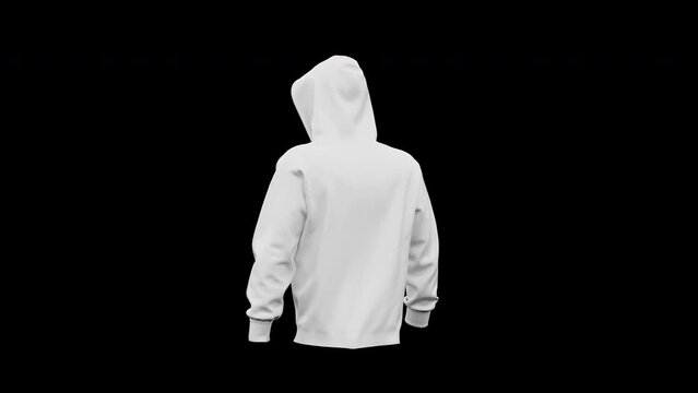 white hoodie with hood mockup, walking loop animation clothing design