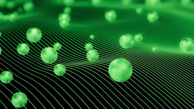 3D render of shiny green spheres sliding on waving lines with depth of field. Looped abstract minimal trandy background. Green gradient.