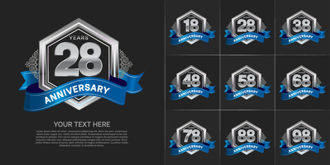 set of anniversary with silver color and blue ribbon can be use for celebration event