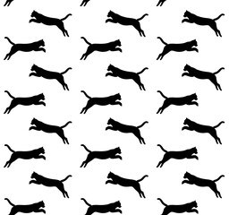 Vector seamless pattern of flat hand drawn jumping cat silhouette isolated on white background