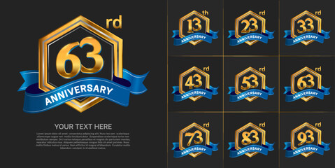set of anniversary with gold color and blue ribbon can be use for celebration event