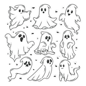 Hand-drawn Halloween cute ghost set