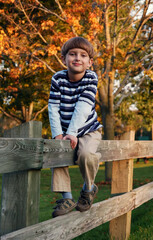Portrait of the little boy sitting on the fence