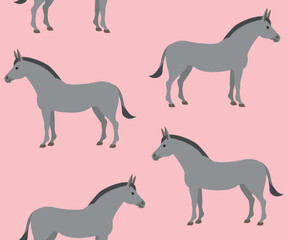 Vector seamless pattern of flat hand drawn donkey isolated on pink background