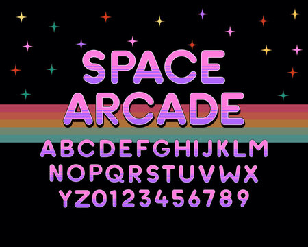 Space Arcade vector font design. Retro vintage modern round bold font with purple colors. Gaming, sci-fi and other retro, oldschool subjects. 80s and 90s style