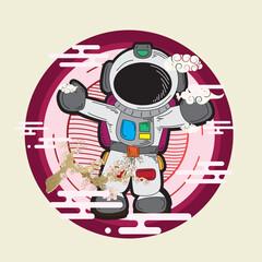 astronout illustration design with japanese style background

