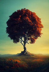 Fototapeta na wymiar Large fantasy tree on a hill, illustration of an autumn tree