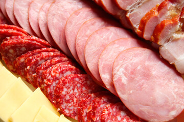 Defocus sausage and cheese. Antipasto catering platter with bacon, jerky, salami, cheese closeup background. Out of focus.
