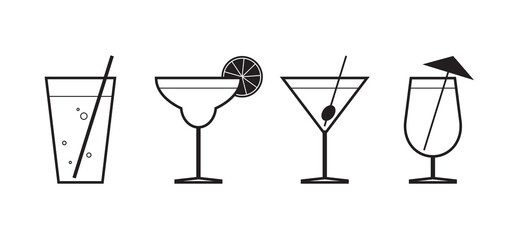 Vector Icons of Alcohol Cocktails on White Background