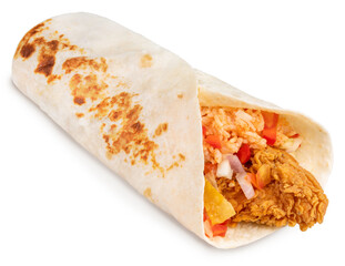 Breakfast Wrap isolated on white background, Breakfast burritos with chicken and tomato in a tortilla wrap on white background With clipping path.