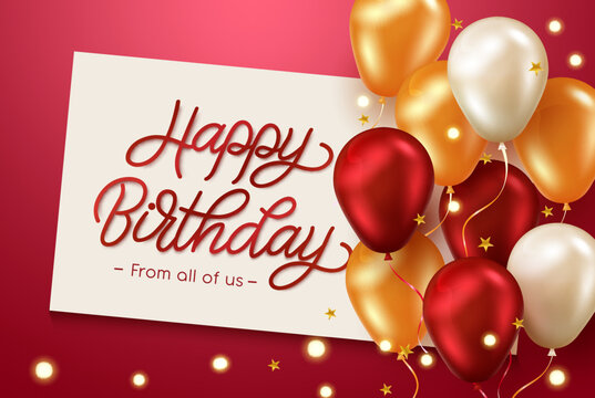 Birthday greeting vector template design. Happy birthday text in board empty space with red and gold balloons for birth day card messages. Vector illustration.
