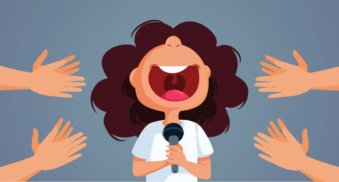 Little Girl Singing Receiving Applause Vector Cartoon Illustration. Talented kid performing on a stage receiving standing ovations
