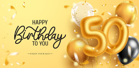 Birthday greeting theme vector design. Happy birthday text with elegant metallic number balloons for 50th gold birth day celebration messages. Vector illustration.

