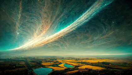 Concept Art Apocalypse. Unbelievable Vast Blue glow Rift In High Sky. Aerial View Landscape 3D Art Illustration