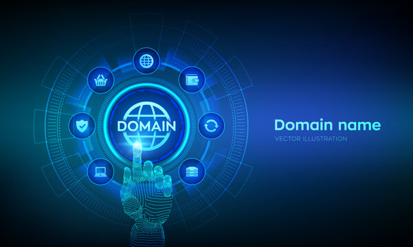 Domain names. Domain registration. Website name, url address web page. Hosting on website creation. Internet and web telecommunication. Robotic hand touching digital interface. Vector illustration.