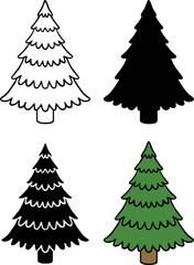 Simple Pine Christmas Tree Clipart Set - Outline, Silhouette & Color