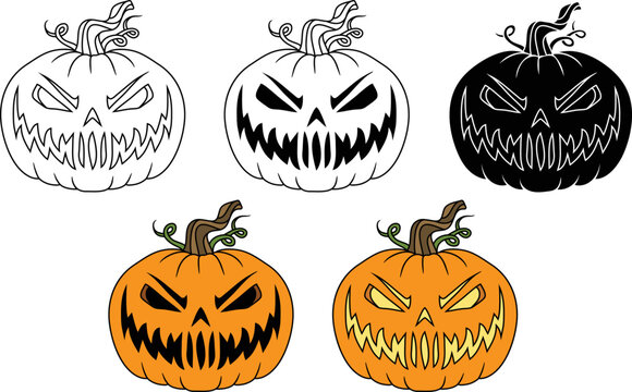 Scary Jack O Lantern Carving Clipart Set - Outline, Silhouette and Color