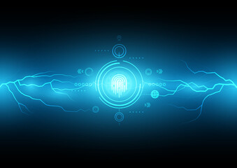 Flashing lightning fast scan fingerprint, blue, blue energy technology with electric effect abstract outline surrounded by lightning luxury pattern. vector illustration eps10