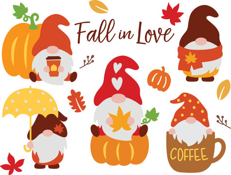 Vector illustration of cute fall autumn gnomes with pumpkins, maple leaves, umbrella, and coffee.