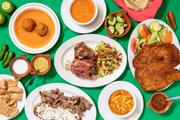 Mexican homemade food: chamorro, huarache, milanese, meatballs